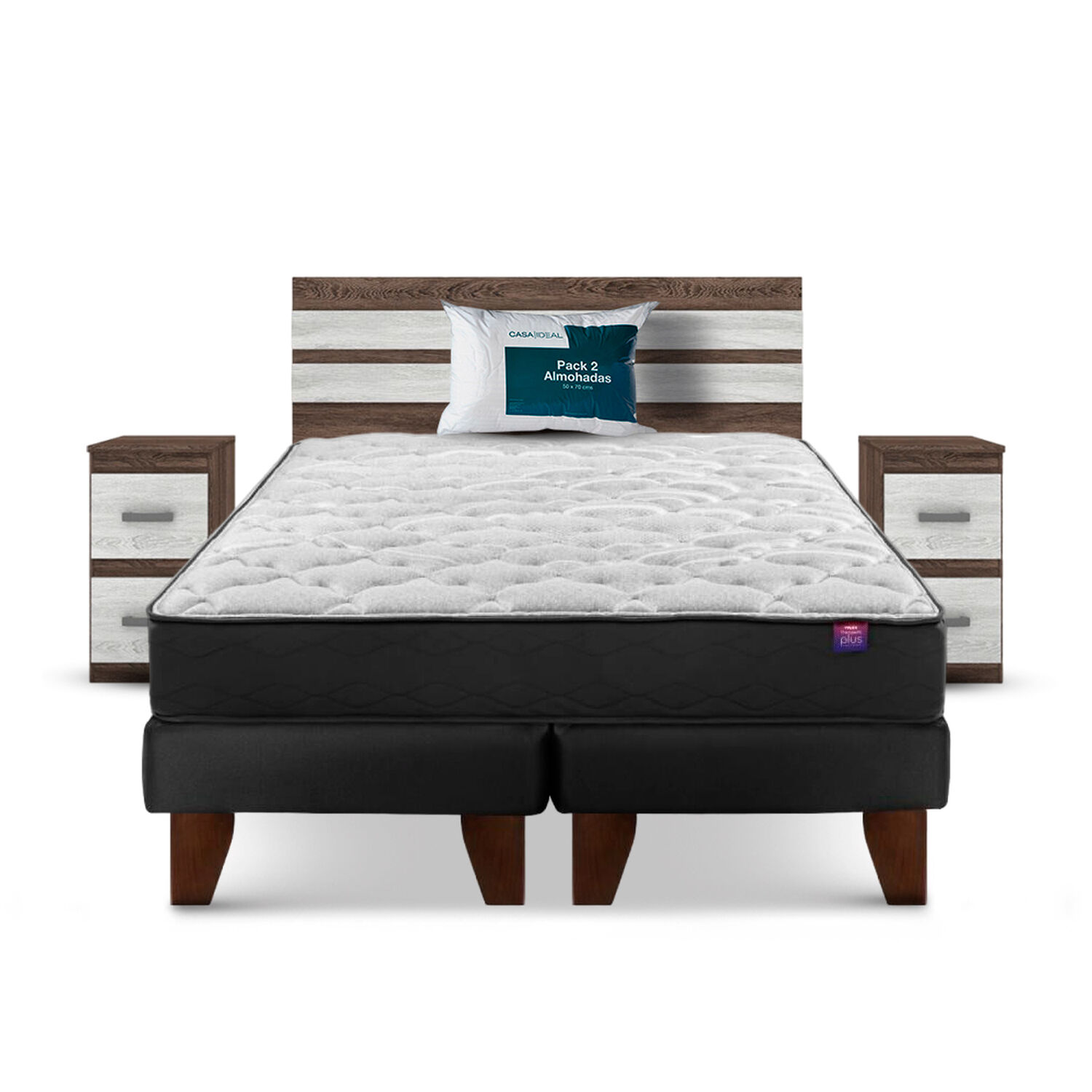 Cama Europea Flex Therapedic Plus / 2 Plazas / Base Dividida + Set De Maderas Madrid + Pack de Almohadas Casaideal 50x70 Cm image number 0.0