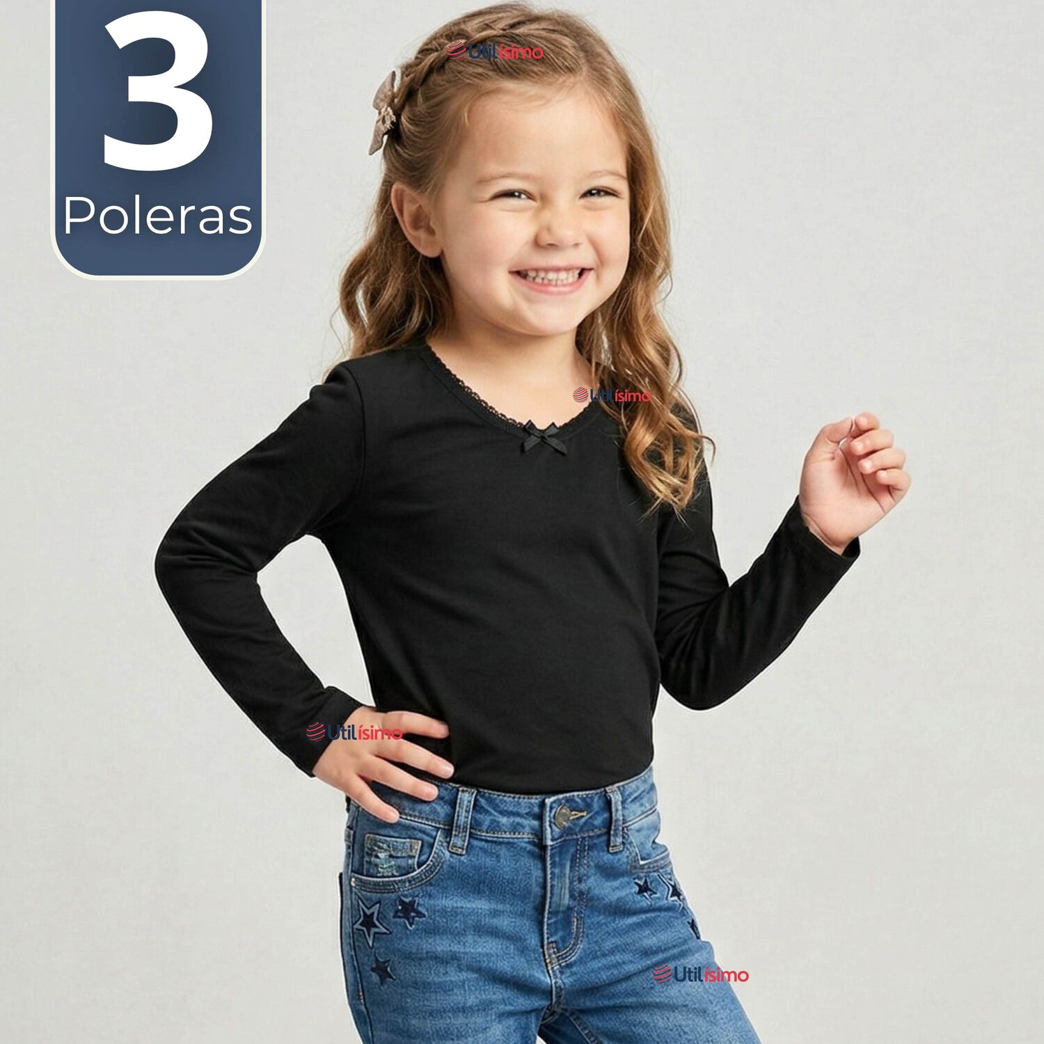 Pack 3 Camisetas Poleras Algod&oacute;n Cuello Redondo Negra Primera Capa Manga Larga Ni&ntilde;a image number 0.0