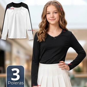 Pack 3 Camisetas Poleras Algod&oacute;n Cuello Redondo Primera Capa Manga Larga Colores Surtidos Ni&ntilde;a