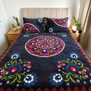 Cubrecama 2 Plazas Polar Con Chiporro M&aacute;ndala Floral Nocturno - 230x250 Cm