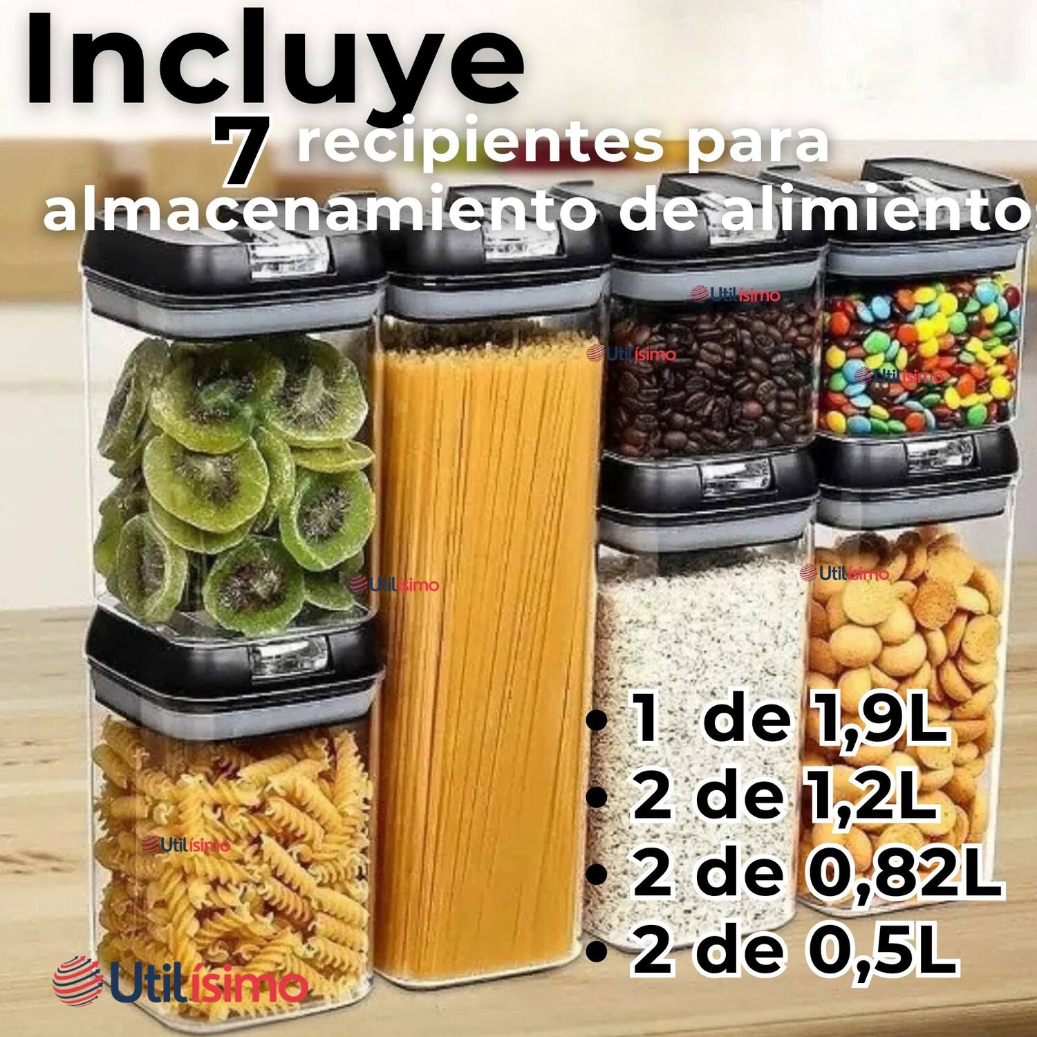 Set Contenedores De Alimentos 7 Piezas Herm&eacute;ticos De Plastico Cocina Despensa Negro image number 3.0