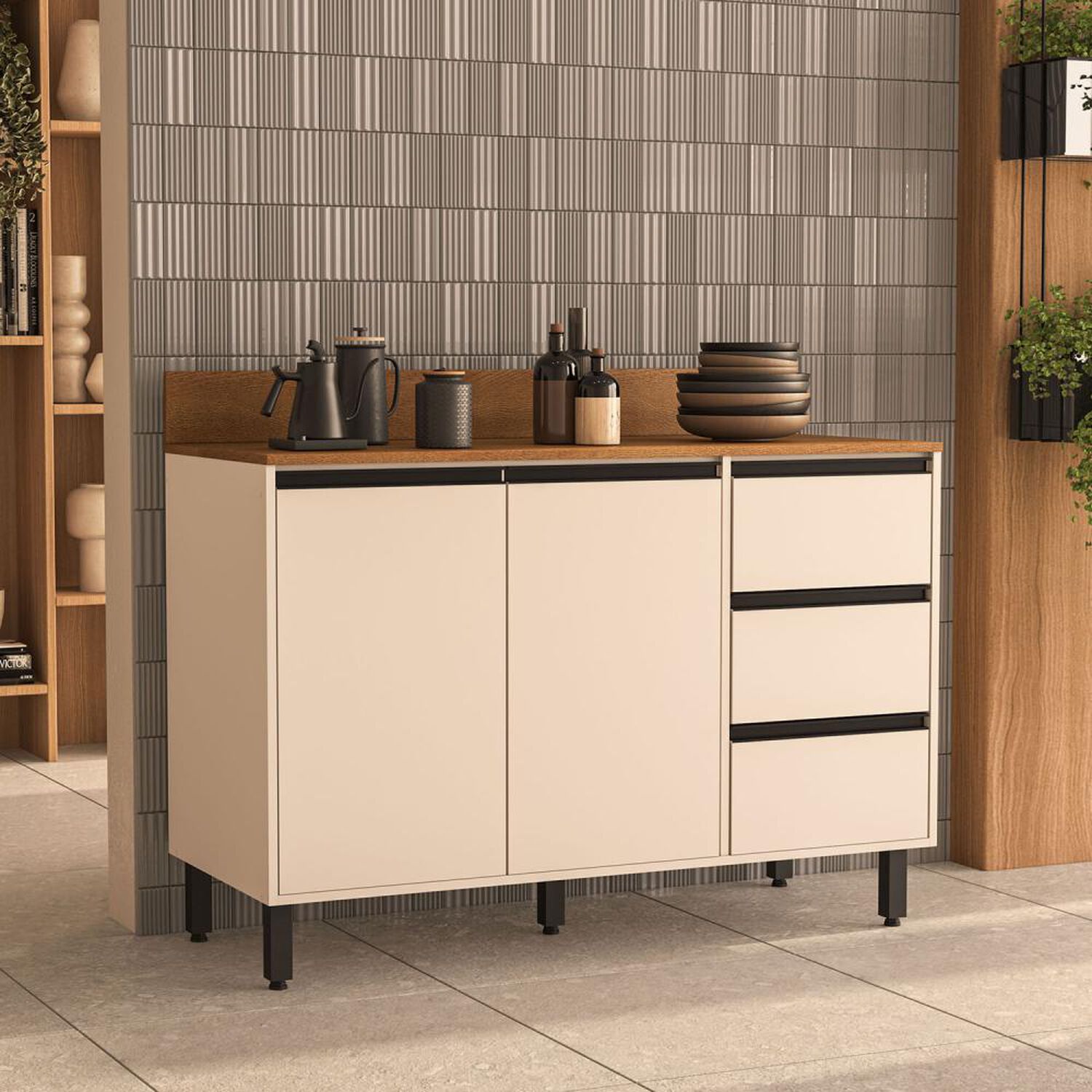 Mueble De Cocina Base Vekkahome Koya 2 Puertas 3 Cajones Beige image number 0.0