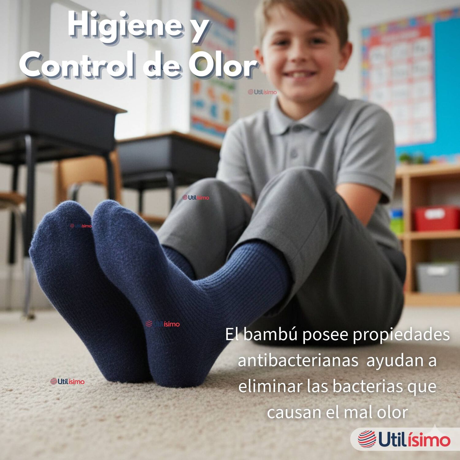 Pack 3 Calcet&iacute;nes Escolares Corto Bamb&uacute; Azul Ni&ntilde;os Y Juvenil image number 4.0