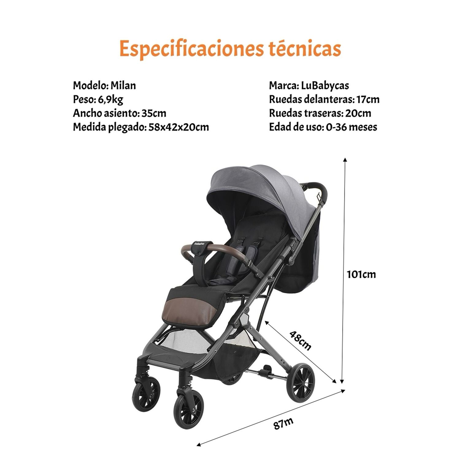 Coche De Paseo Tipo Maleta 0-3 A&ntilde;os Milan Gris By Lubabycas image number 7.0