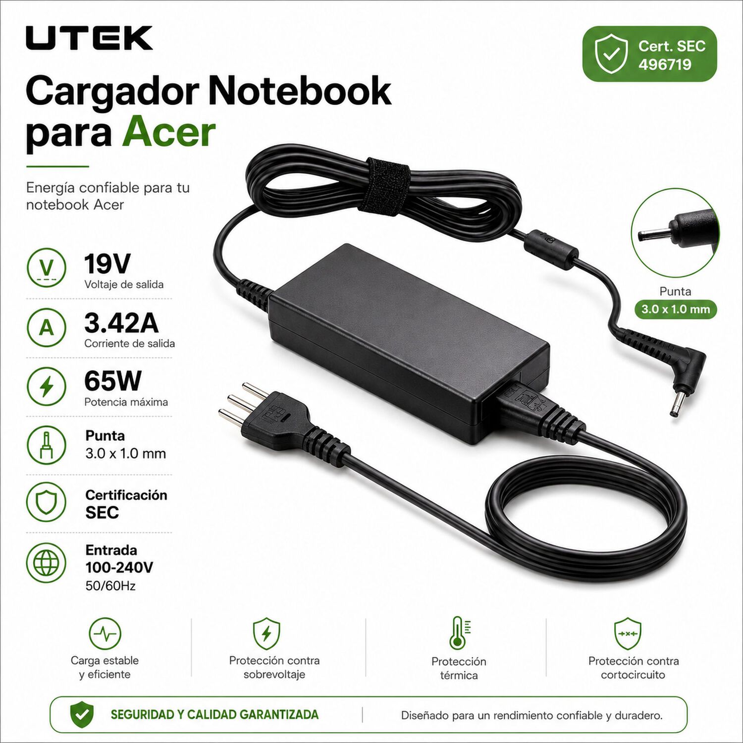 Cargador Notebook Para Acer 19v 3.42a 65w 3.0*1.0mm Cert Sec image number 4.0
