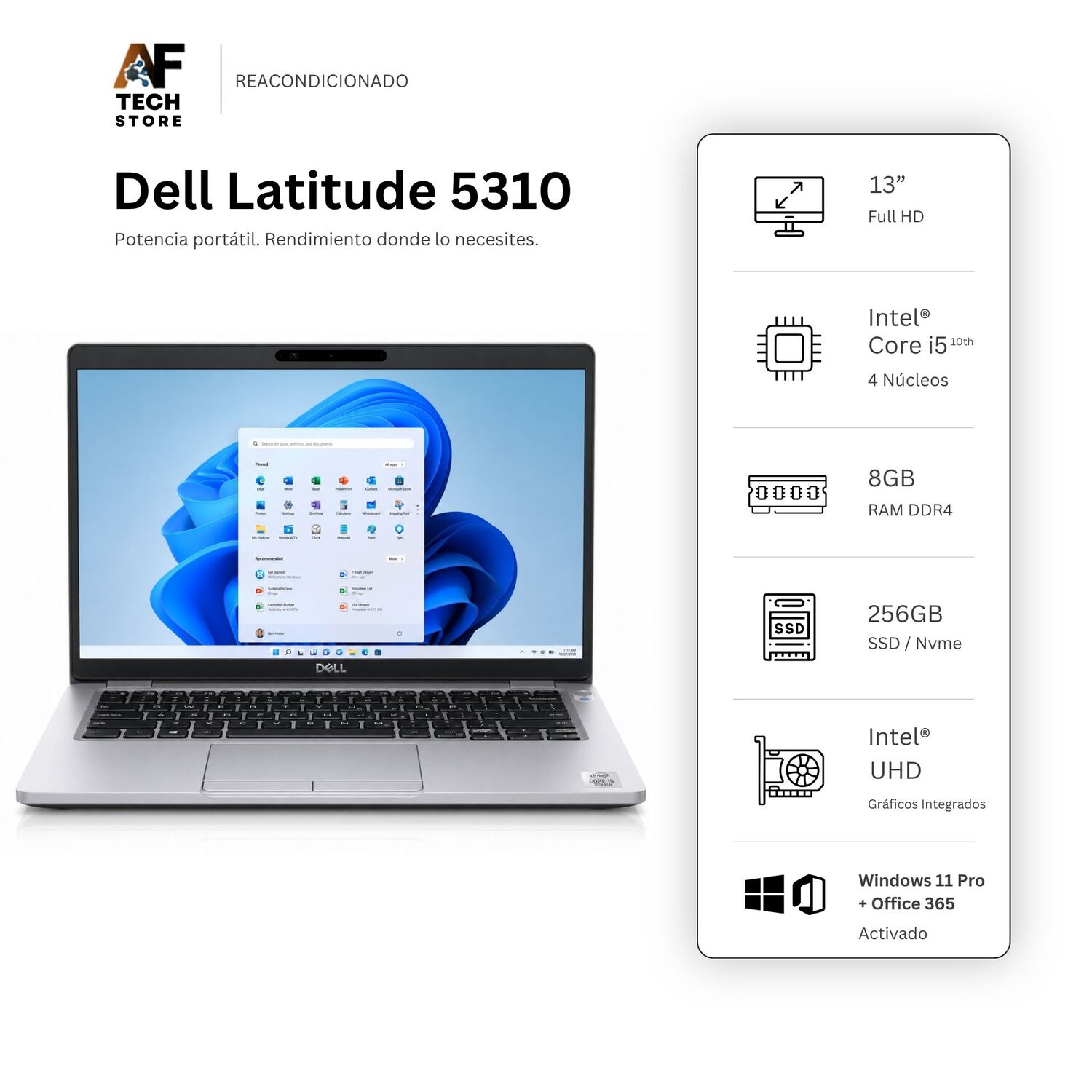 Notebook Dell 5310 I5 10th 8gb 256gb - Win11 Office - Reacondicionado Profesional