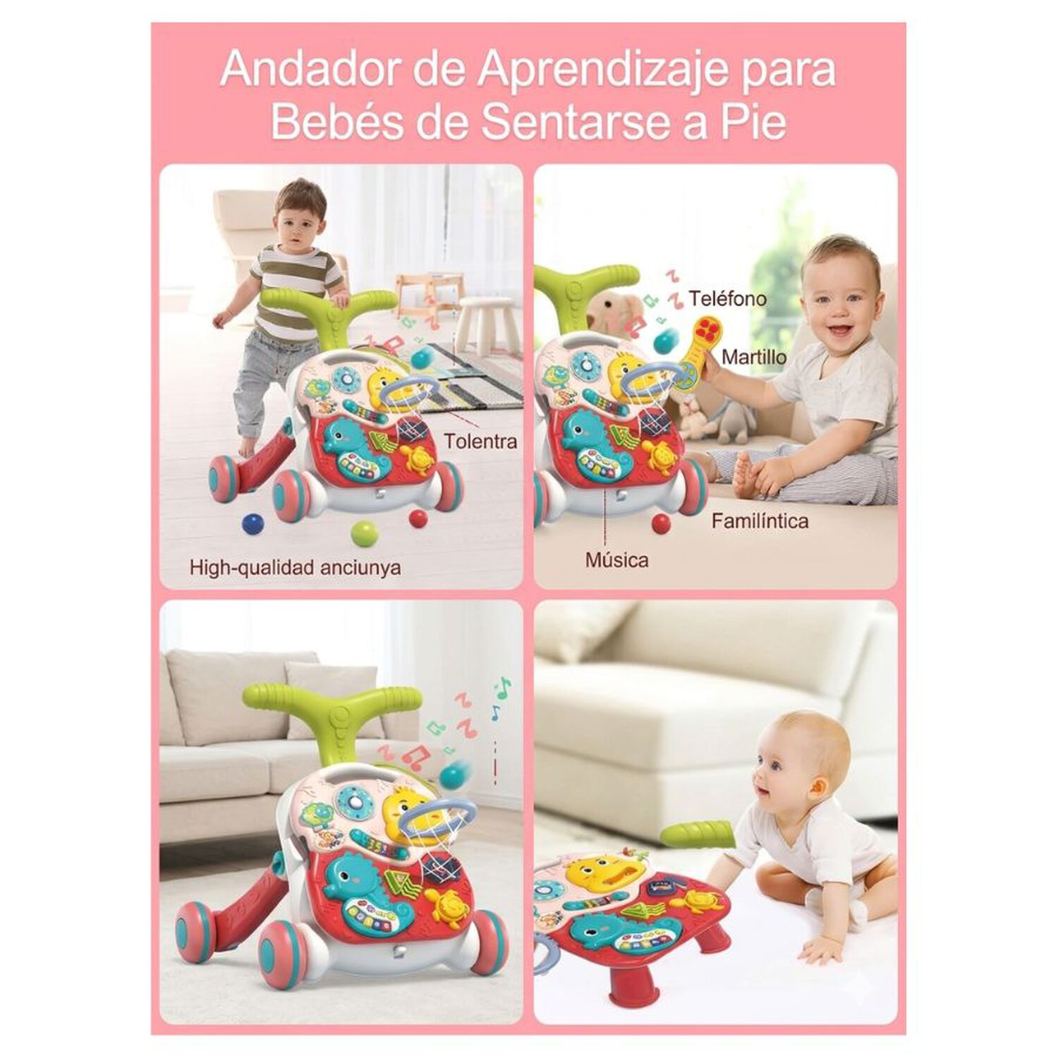 Caminador Andador Didactico Bebe Musical 3 En 1 Mesa Actividades Rosa image number 4.0