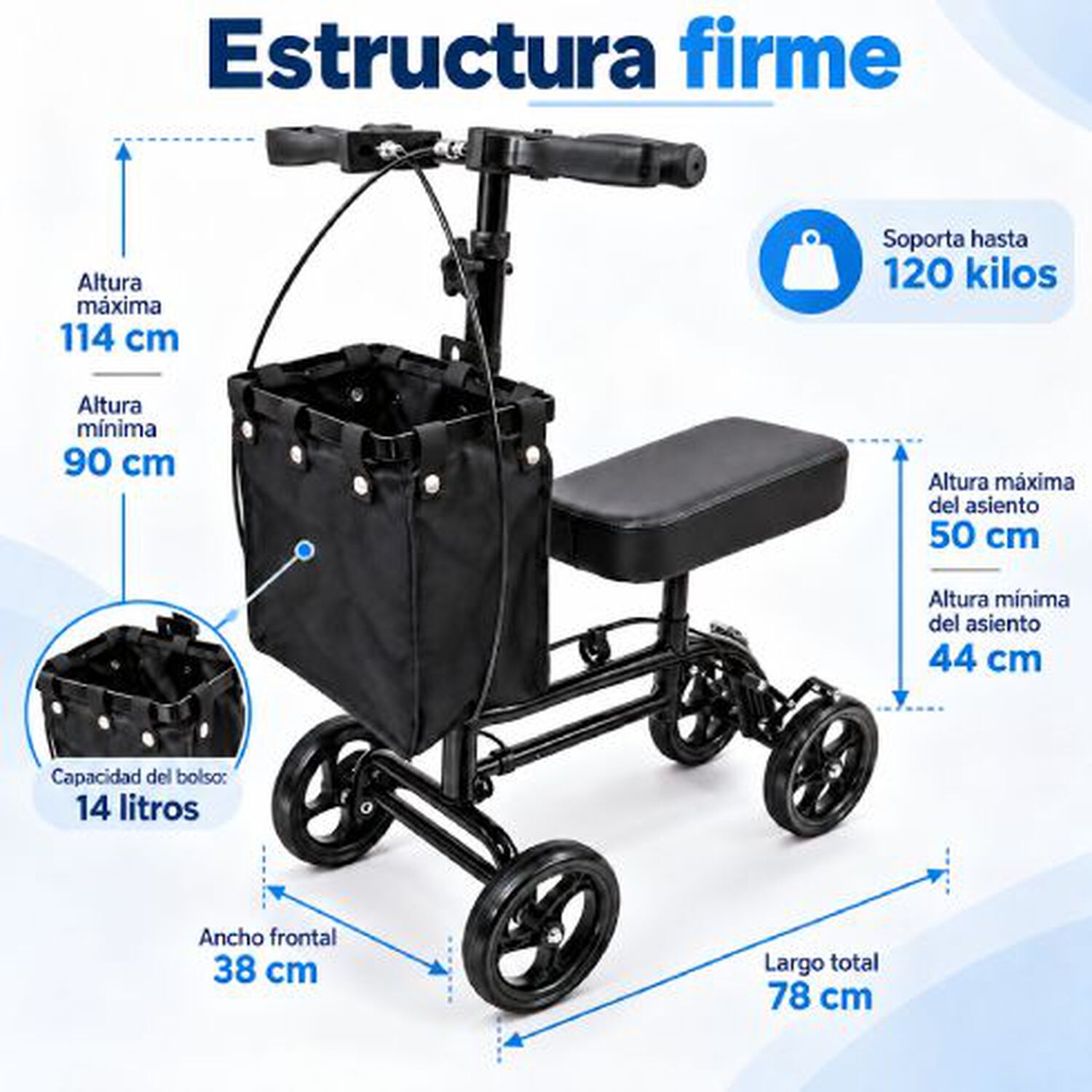 Andador De Rodilla Scooter Ortop&eacute;dico Oneder 9007ab Plegable Con Freno De Mano Y Bolso Negro image number 4.0