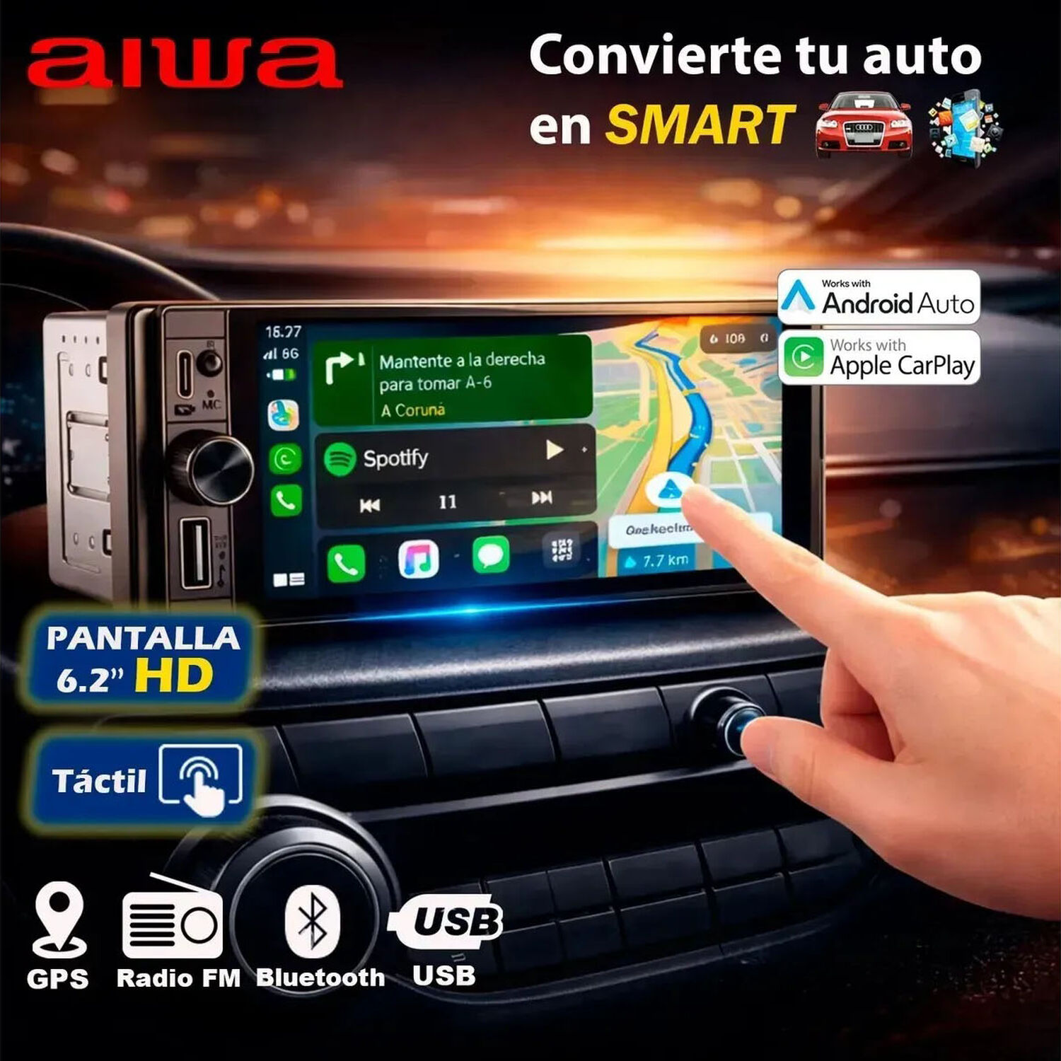 Radio Auto Aiwa 1 Din Con Pantalla Tactil De 6,28'' Aw-w470c Negro image number 5.0