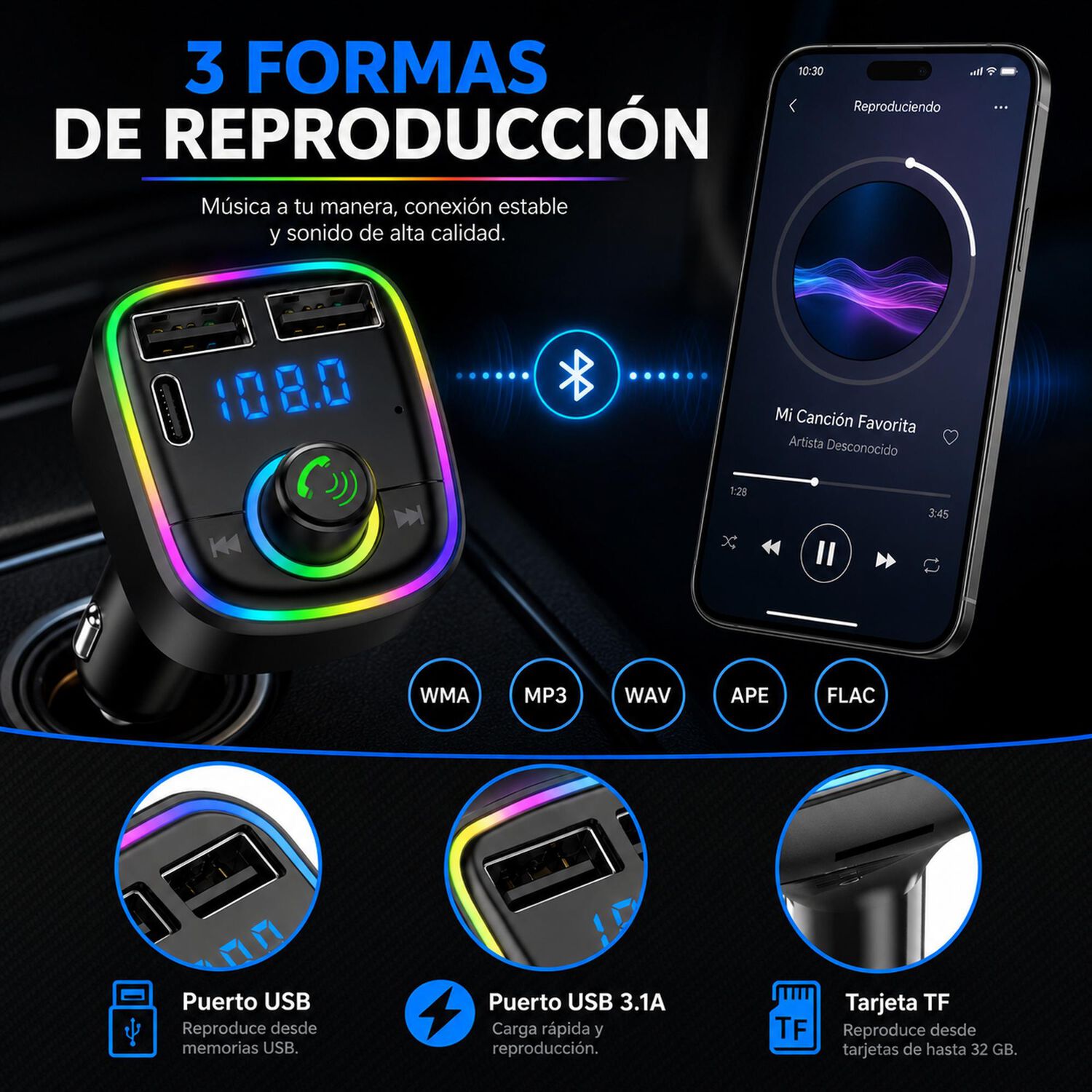 Transmisor Fm Bluetooth + Puerto Quick Charge 20w 12/24v Rgb image number 7.0
