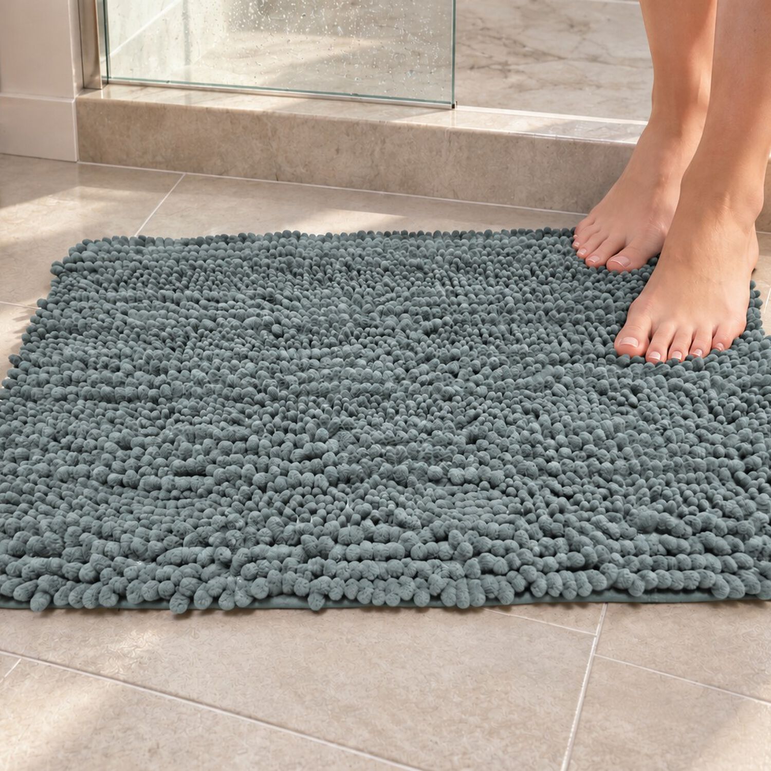 Alfombra De Ba&ntilde;o Gris Verdosa De Chenille 45 70 Cm Absorbente Y Antideslizante image number 2.0