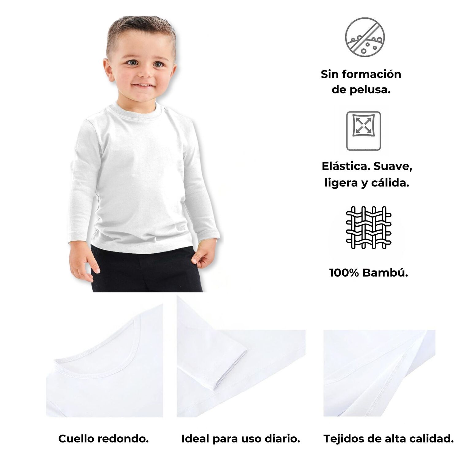Camiseta Polera Bamb&uacute; Cuello Redondo Primera Capa Manga Larga Ni&ntilde;o image number 4.0