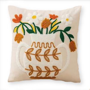 Funda Cojin Bordada 45x45 Cm Florero Beige