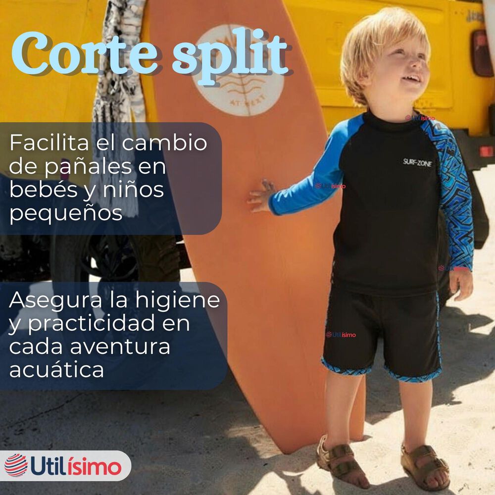 Traje De Ba&ntilde;o Manga Larga Pantal&oacute;n Corto 2 Piezas Corte Split Ni&ntilde;o 3 A 11 A&ntilde;os Black image number 6.0