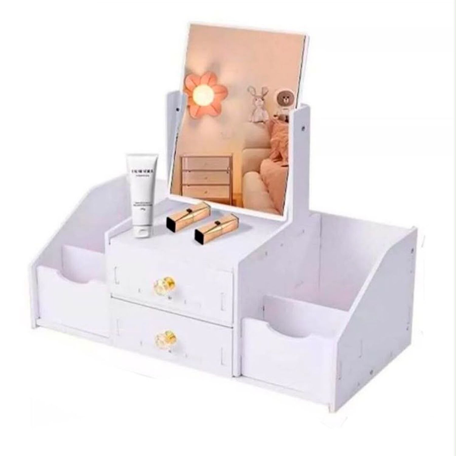 Organizador De Cosm&eacute;ticos Multifuncional Con Espejo 2 Cajones Rotaci&oacute;n 360 Blanco image number 0.0