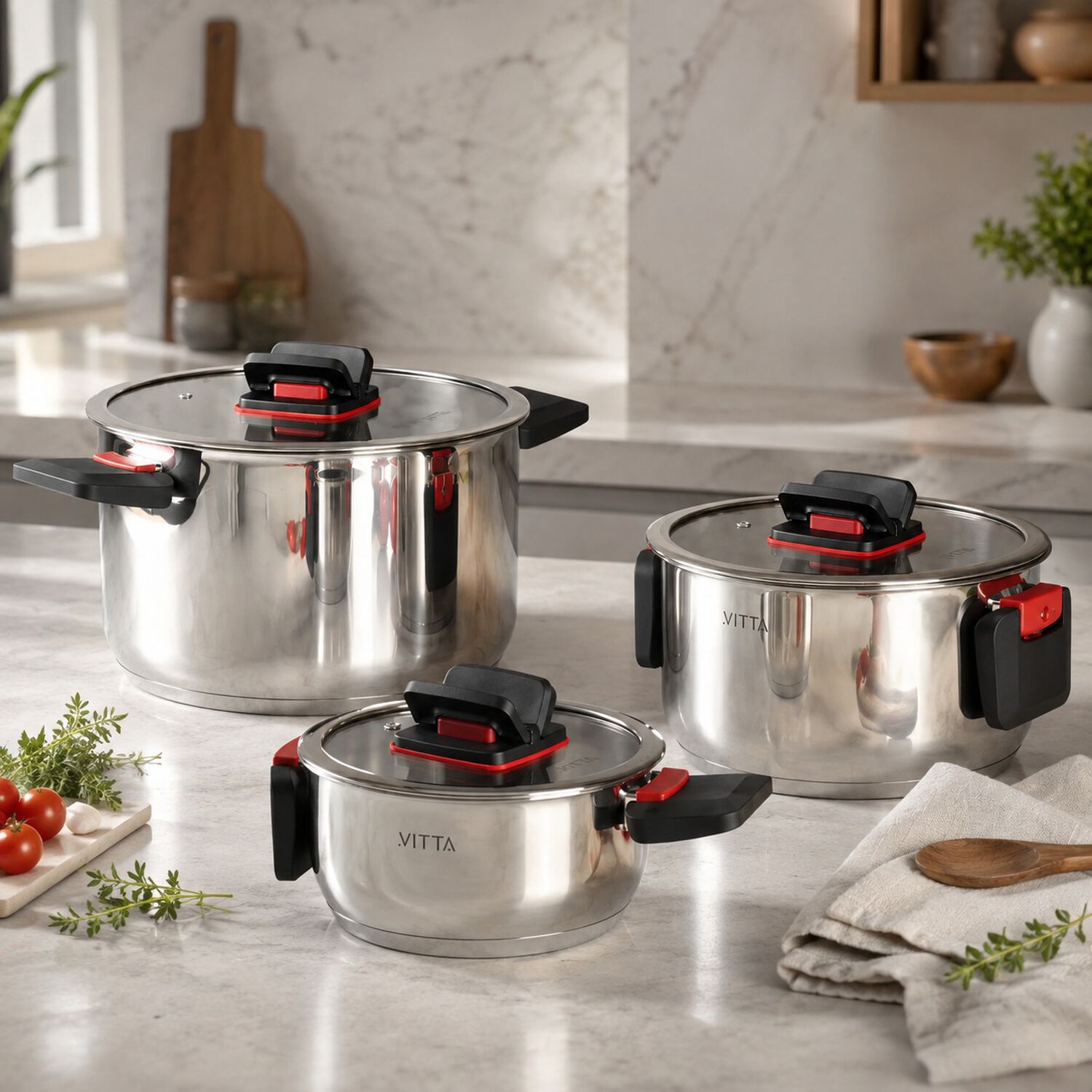 Bater&iacute;a De Cocina 6 Piezas Acero Inox Con Asas Retr&aacute;ctiles Y Apta Para Inducci&oacute;n Modelo Spazio Marca Vitta image number 0.0