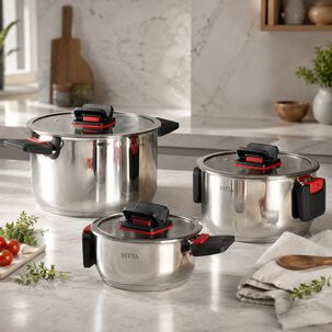 Bater&iacute;a De Cocina 6 Piezas Acero Inox Con Asas Retr&aacute;ctiles Y Apta Para Inducci&oacute;n Modelo Spazio Marca Vitta