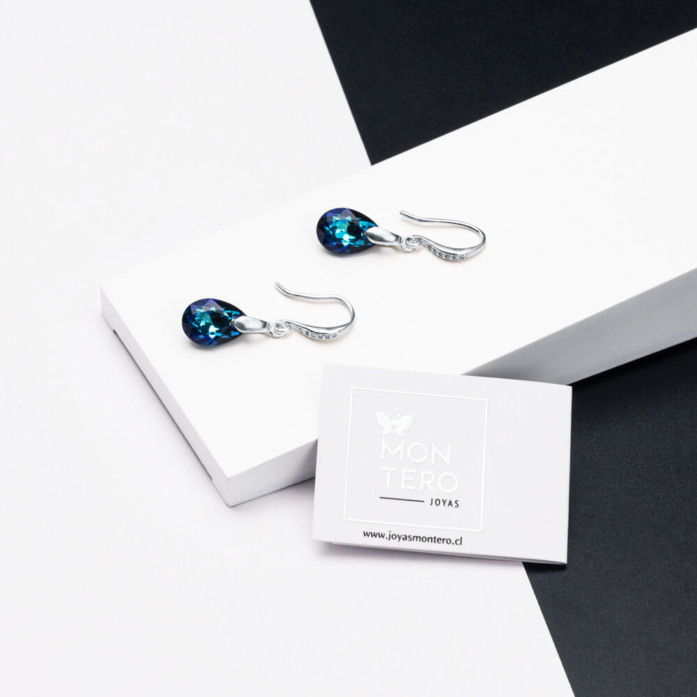 Aros Gota De Luz Plata Italiana 925 Y Cristal Genuino Bermuda Blue image number 1.0