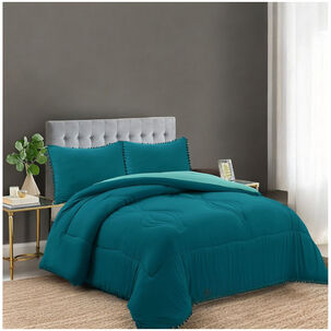 Juego De Plum&oacute;n De 3 Piezas Vintage Con Pompones - 2 Plazas Turquesa