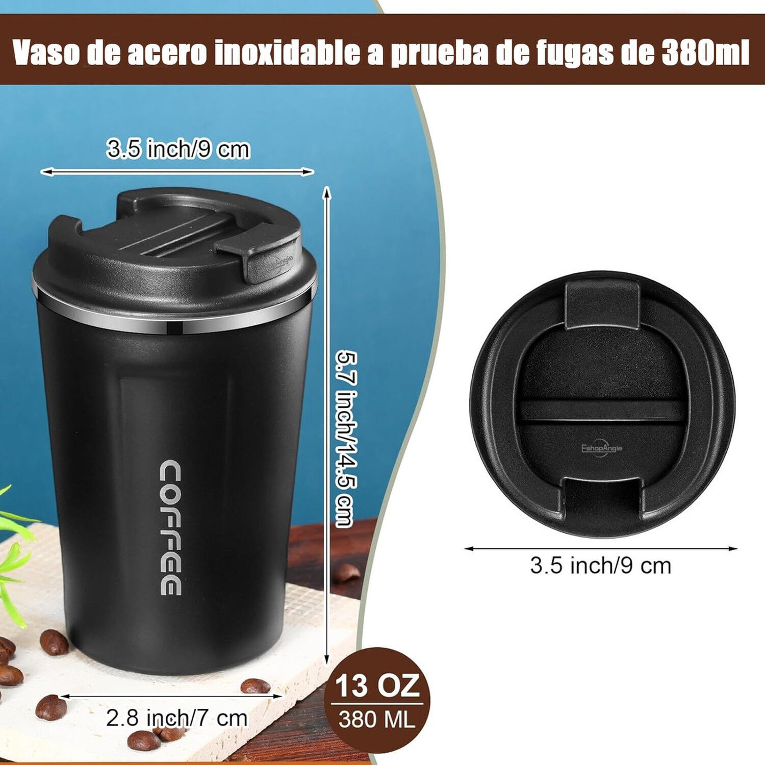 Termo Mug Caf&eacute; 380ml Acero Inoxidable Port&aacute;til Negro image number 5.0