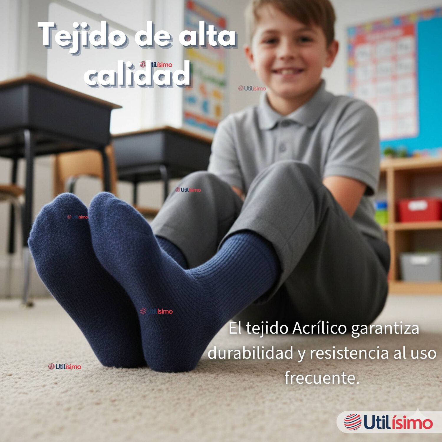 Pack 6 Calcet&iacute;nes Escolares Corto Acr&iacute;lico Azul Ni&ntilde;o Juvenil image number 4.0