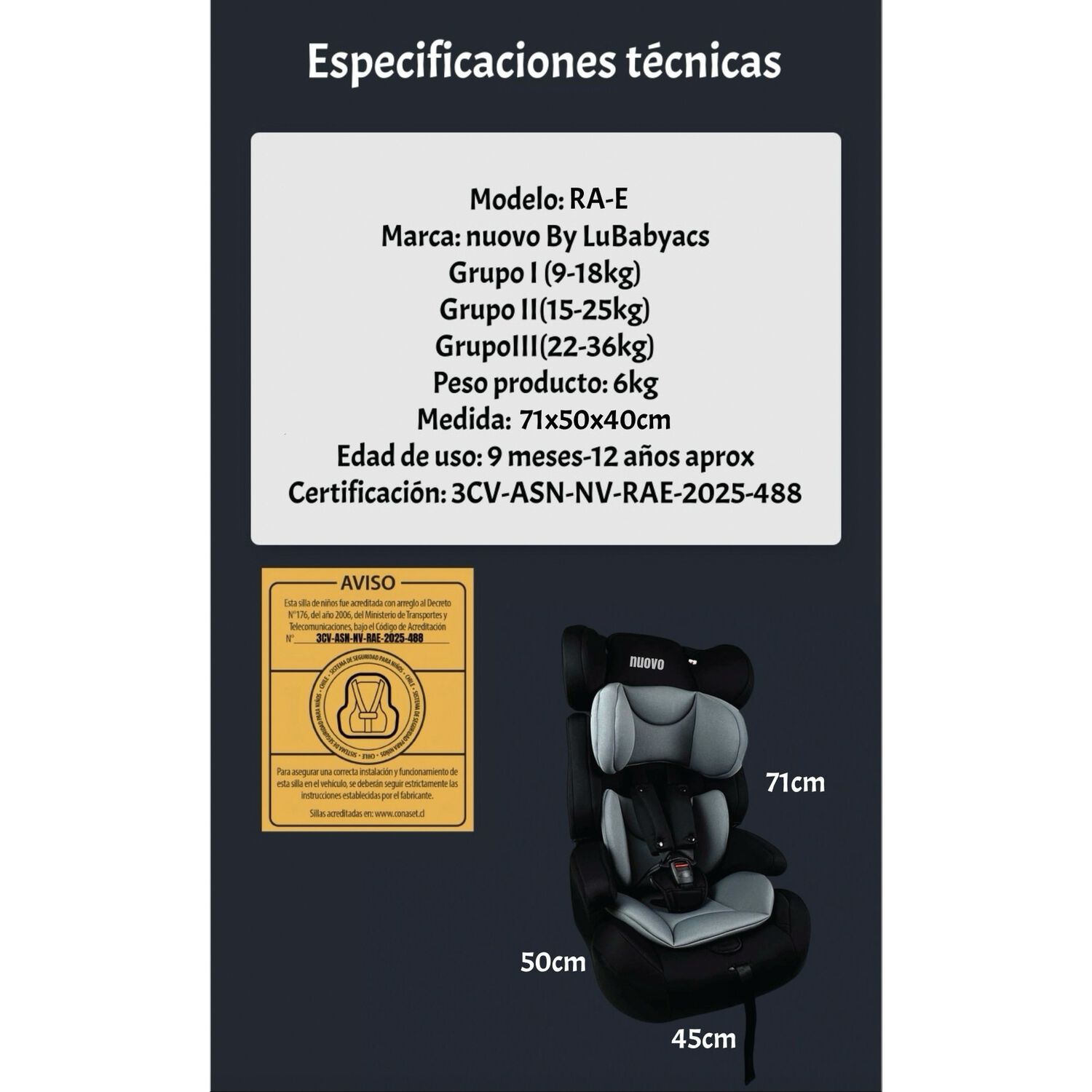 Silla De Auto Butaca 9-36kg 12 A&ntilde;os Gris Ra-e Lubabycas image number 5.0