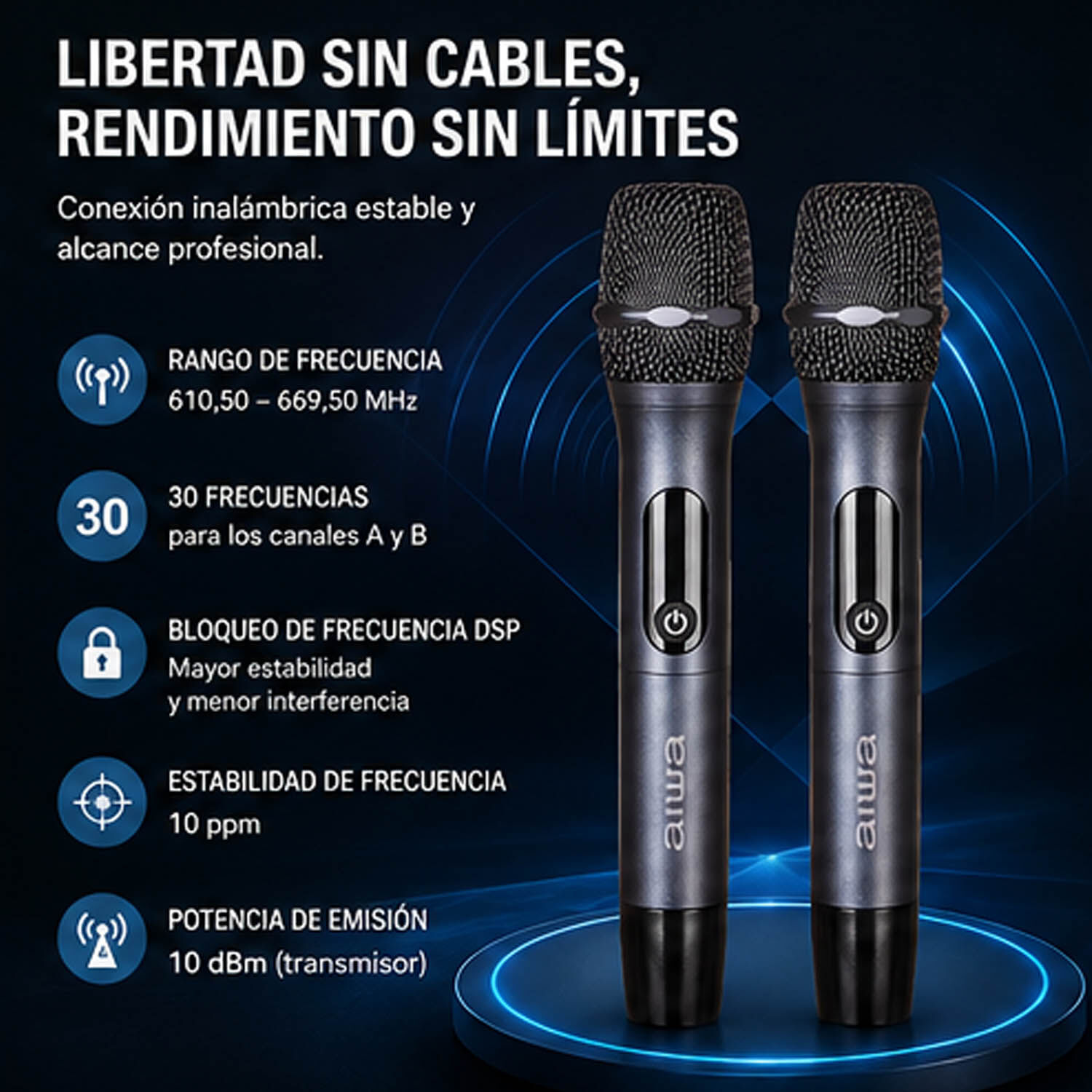 Micr&oacute;fonos Pack X2 Inal&aacute;mbricos Aiwa Met&aacute;licos Aw-mk108 image number 5.0