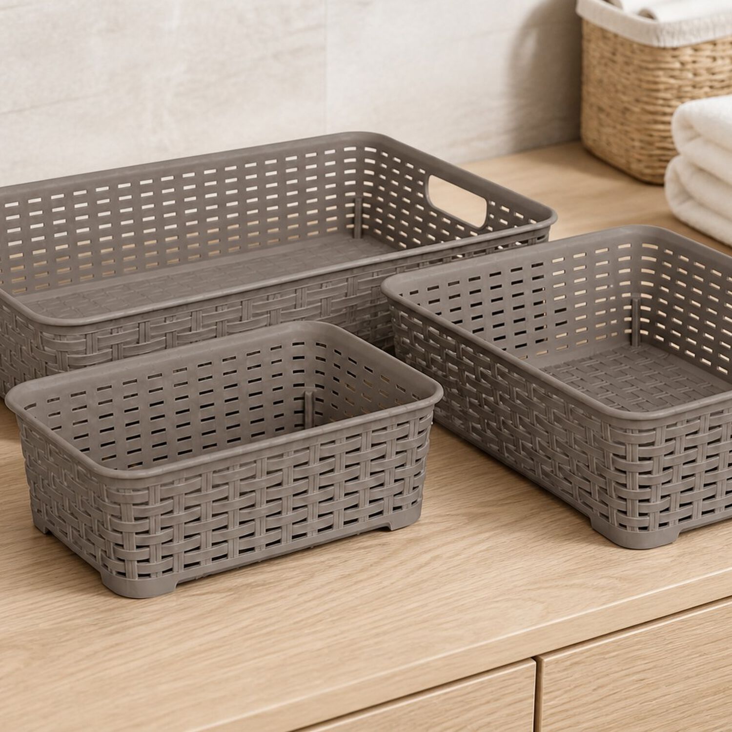 Set De 3 Canastillas Canastas Organizadores Multiusos Tavarua Reyplast Color Taupe image number 7.0