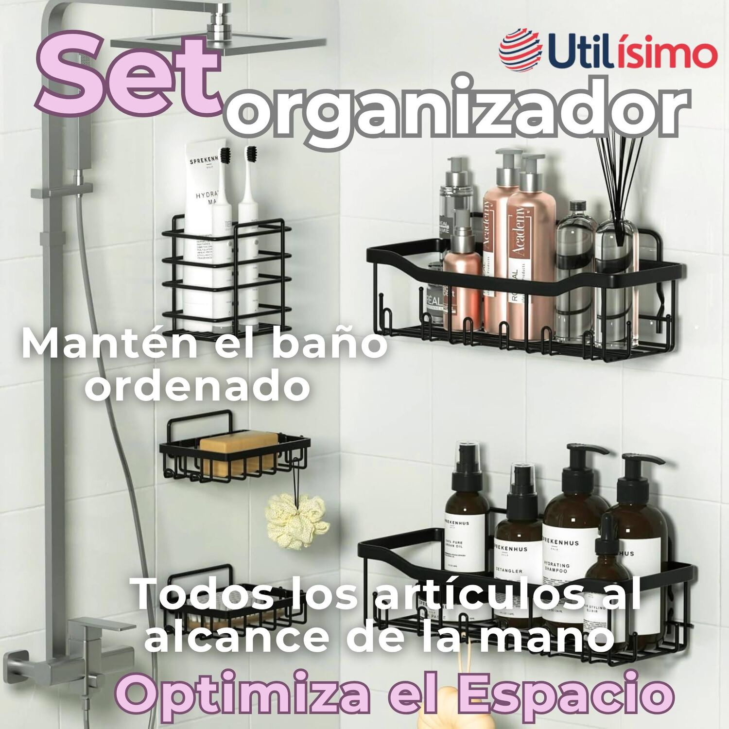 Set Organizador De Ducha 5 Piezas Acero Inoxidable Instalaci&oacute;n Adhesiva image number 1.0
