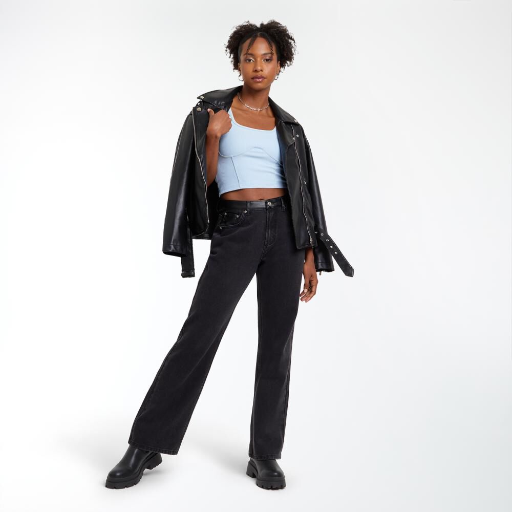 Jeans Aplicaci&oacute;n Ecocuero Tiro Medio Recto Mujer Rolly Go image number 1.0