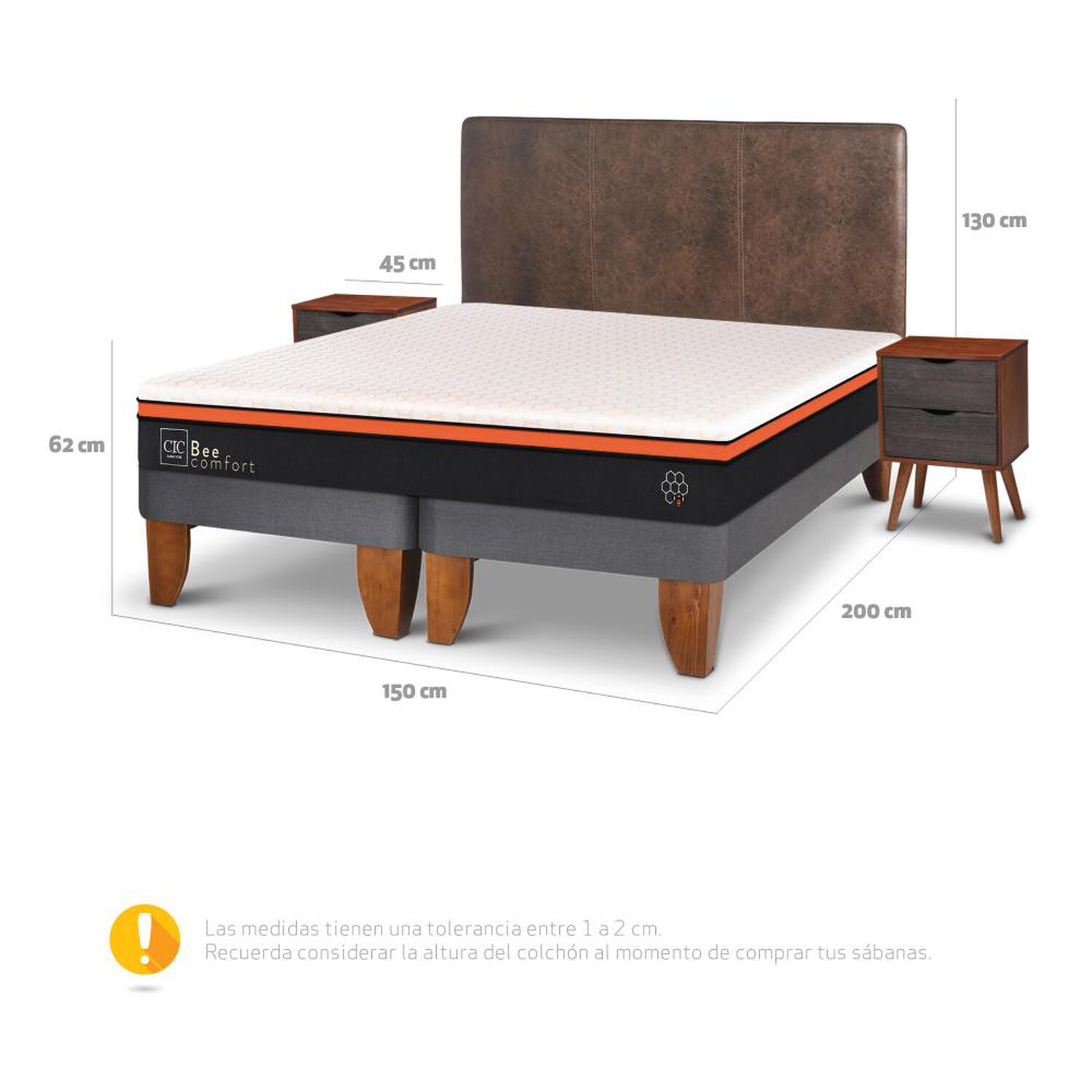 Cama Europea Cic Bee Comfort / 2 Plazas / Base Dividida + Set De Maderas image number 2.0