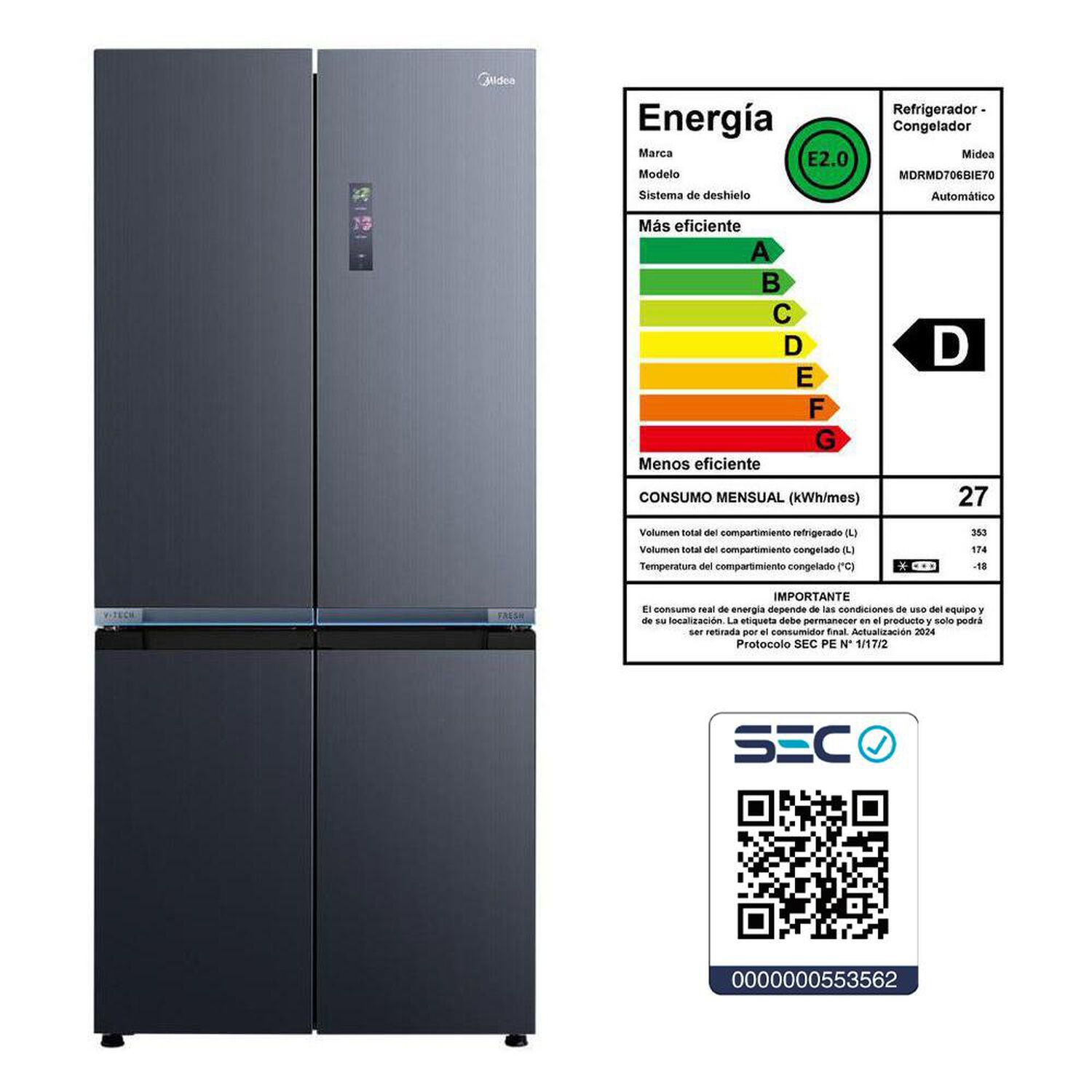 Refrigerador PERFECT FIT Side by Side Midea MDRMD706BIE70 / No Frost / 527 Litros / D image number 11.0