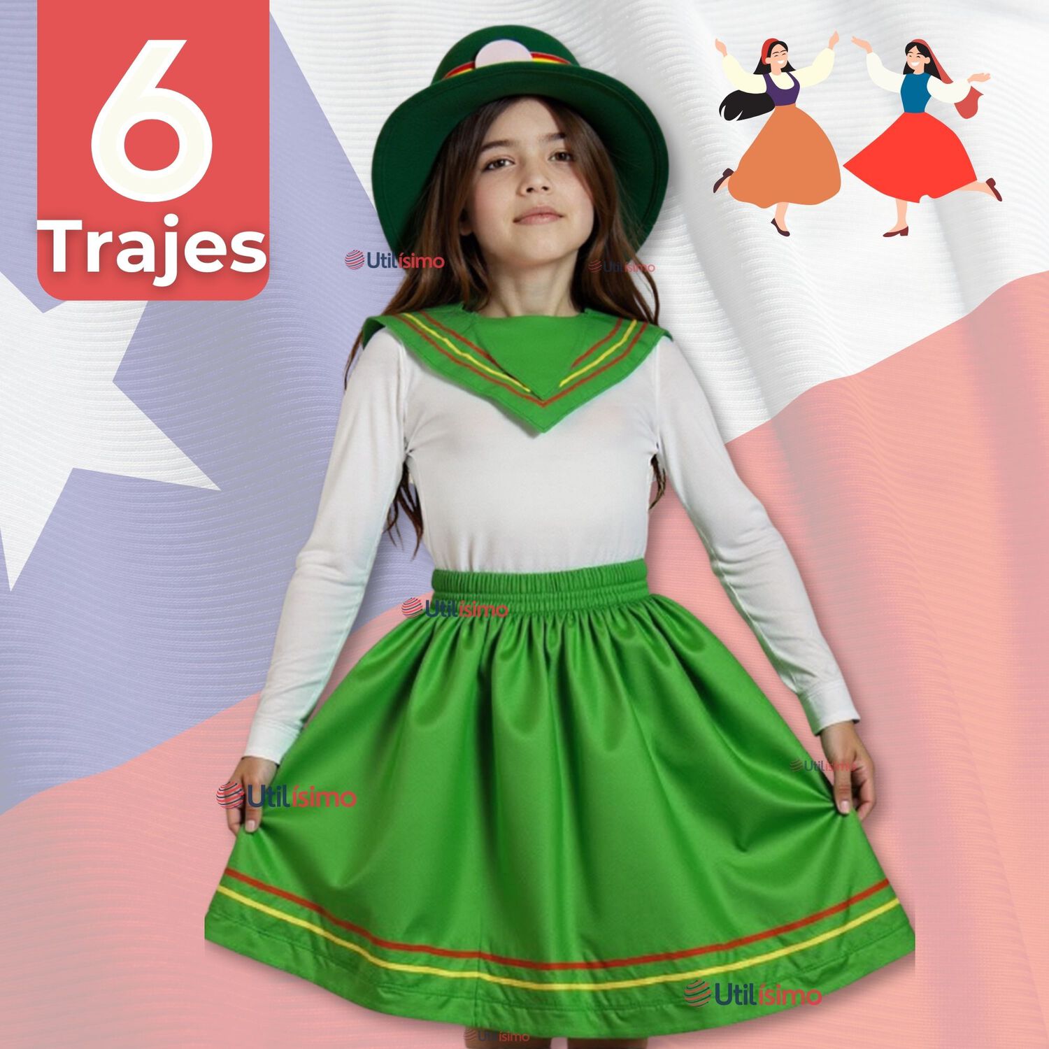 Pack 6 Traje Nortino Con Polera Fiestas Patrias Baile Nortino Verde image number 0.0