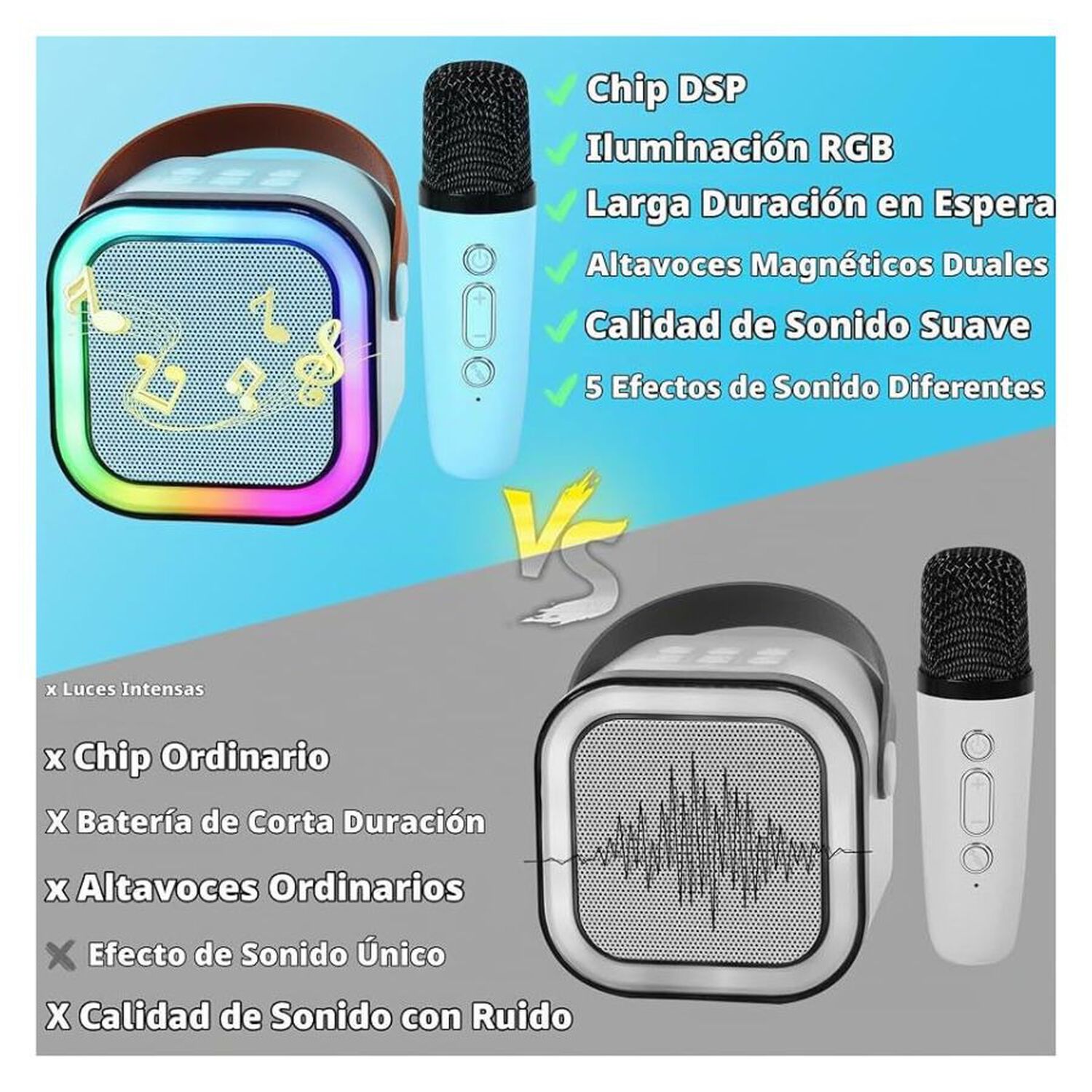 Mini Karaoke Bluetooth Con 2 Micr&oacute;fonos Inal&aacute;mbricos Luces Led Azul image number 1.0