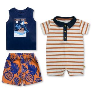 Set 3 Piezas Conjunto Con Enterito Bebe Niño Tedmimak 100% Algodón Azul Tucán