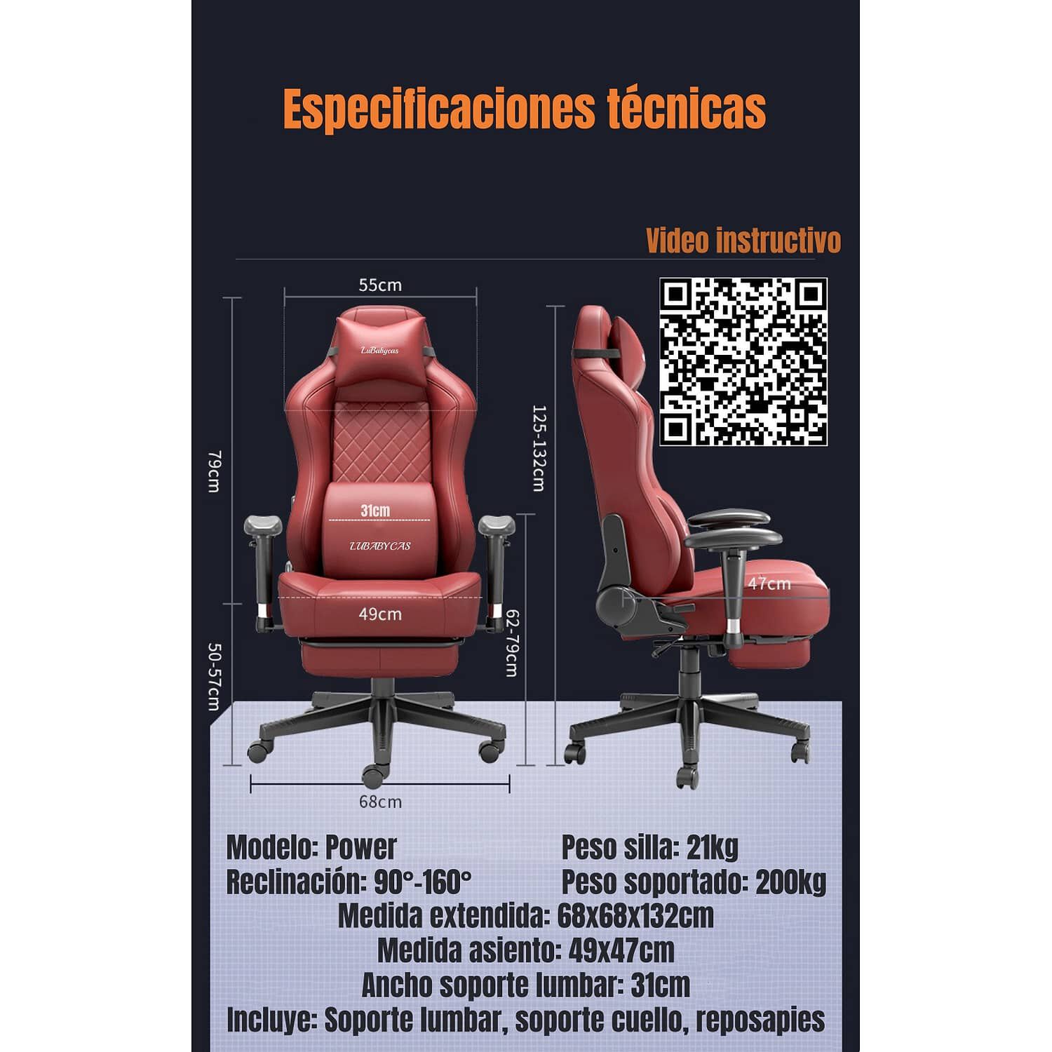 Silla Gamer Premium Reclinable Con Reposapies Power Roja image number 5.0