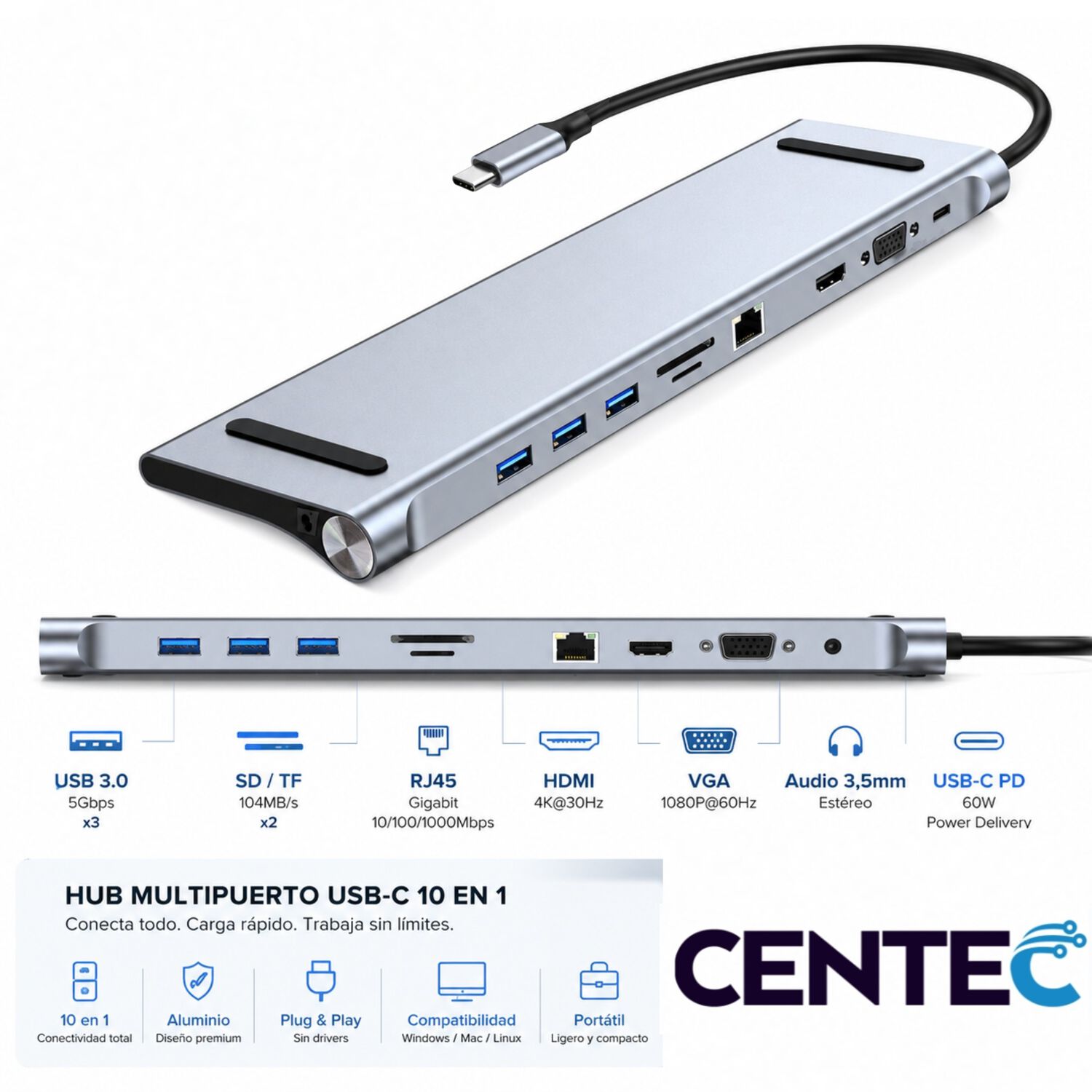 Hub Multipuerto Type-c (10en1) Profesional Pd60w 4k Gigabyte image number 7.0