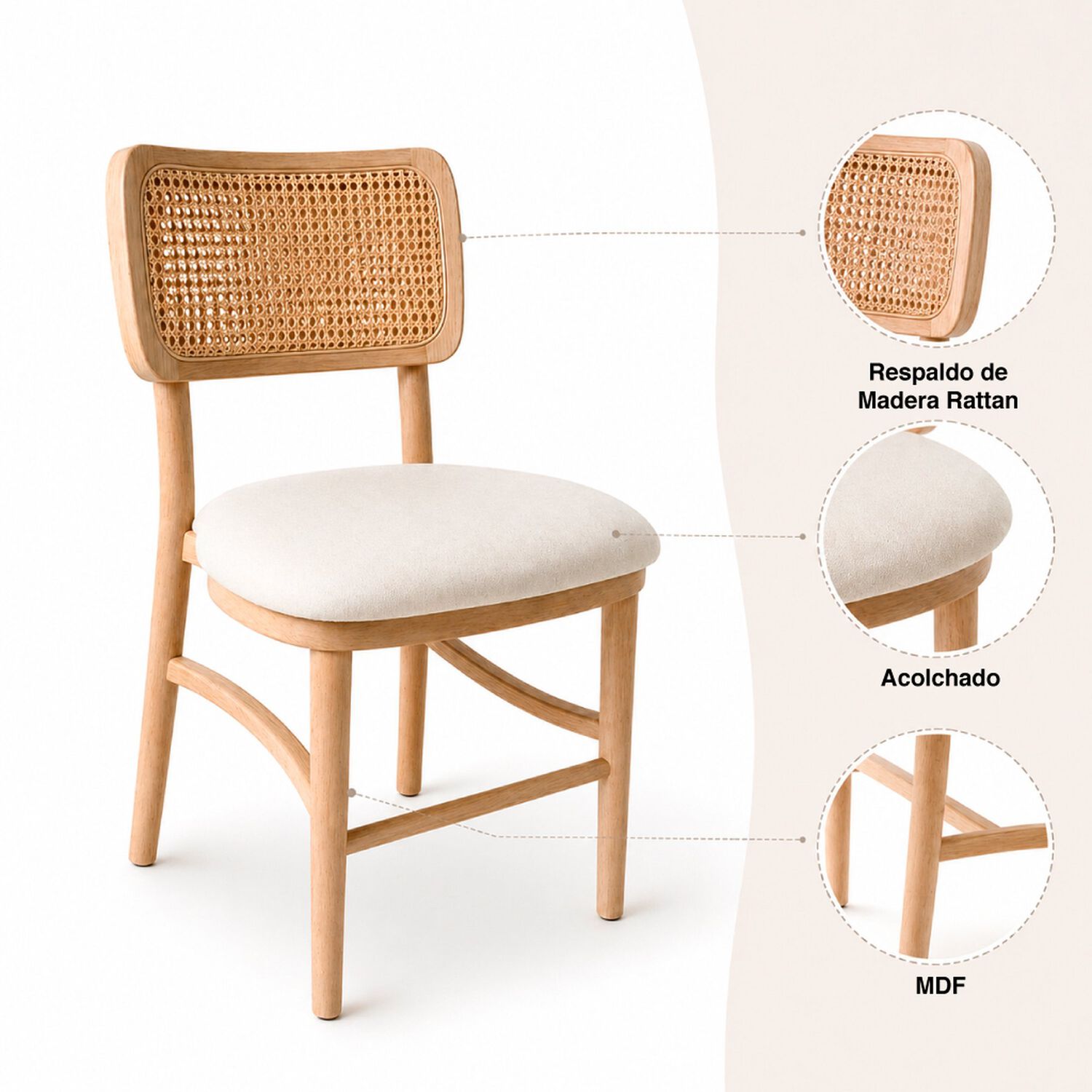 Silla De Estilo Natural Con Respaldo Tejido Y Asiento Acolchado image number 4.0