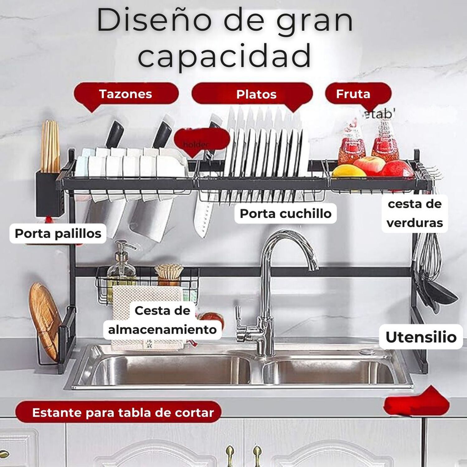 Escurridor De Platos Fregadero 2 Niveles Ajustable Acero Al Carbono Inox image number 1.0