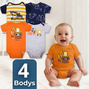 Pack 4 Bodys Niño Manga Corta Tedmimak 100% Algodón Baby Builders In Action