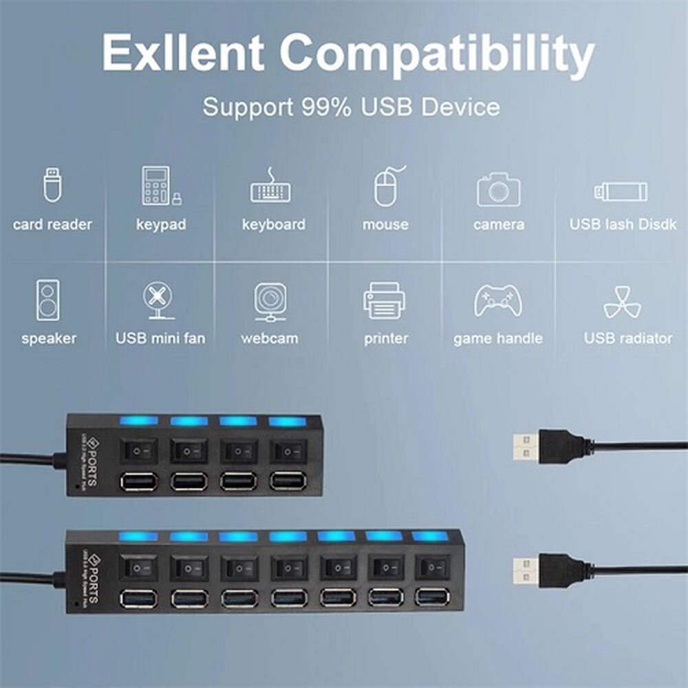 Multipuerto Hub 7 Usb Extension 7 Puertos Extensor Botones De Encendido Notebook O Pc Usb Switch Extensor Con Cable Y Power Adapter image number 3.0