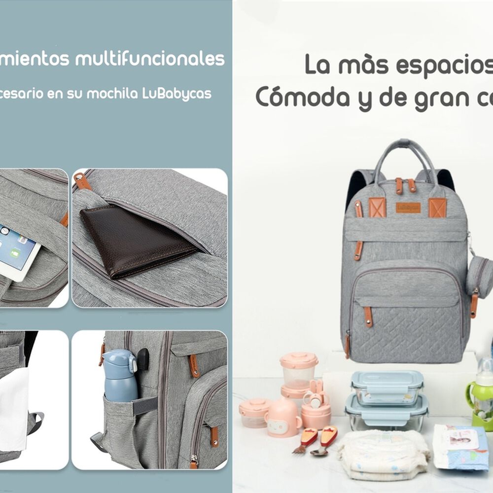 Mochila Maternal Con Monedero Y Colgador Lubabycas Gris image number 7.0