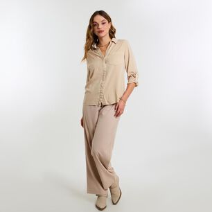 Blusa Lisa Abotonada Lyocell Manga Larga Cuello Camisero Mujer Kimera