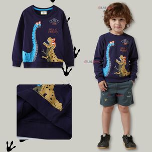 Poler&oacute;n Ni&ntilde;o Manga Larga 100% Algod&oacute;n Azul Dinosaurios