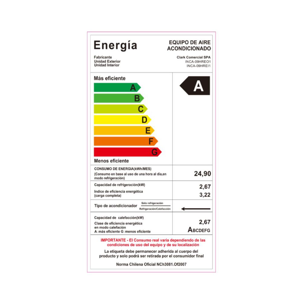 Aire Acondicionado Clark Split Muro Inverter 9.000 Btu/hr R-410a image number 3.0