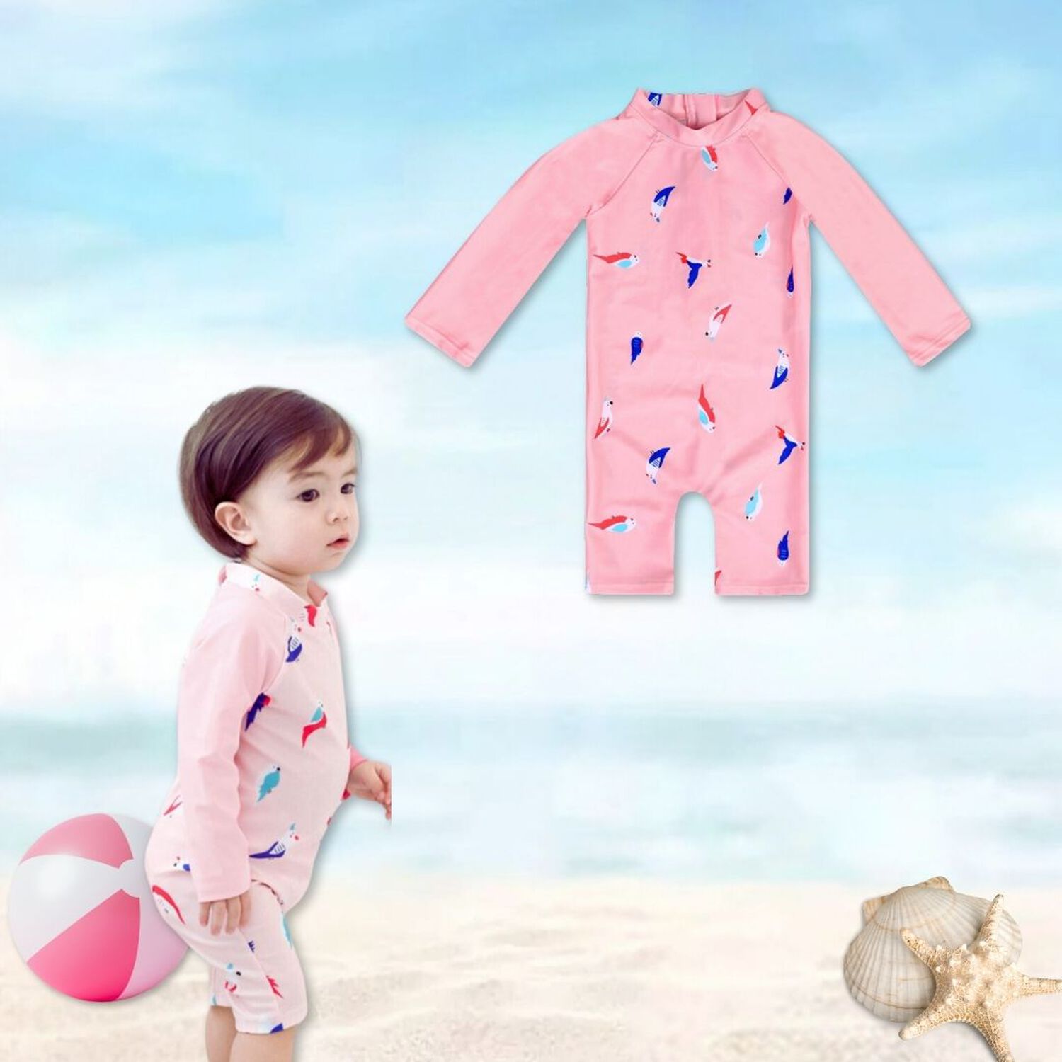 Traje De Ba&ntilde;o Enterito Manga Larga Ni&ntilde;a Jump Kids Rosa Aves image number 1.0