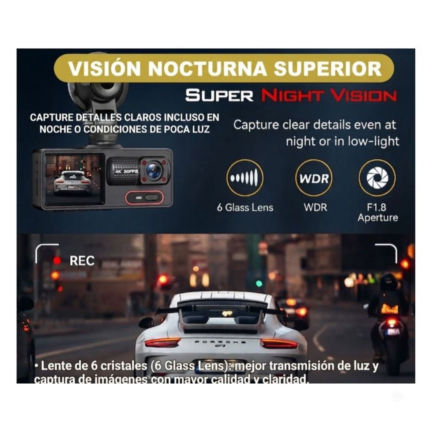 C&aacute;mara Para Auto Dashcam 3 V&iacute;as Wifi Full Hd Seguridad image number 3.0