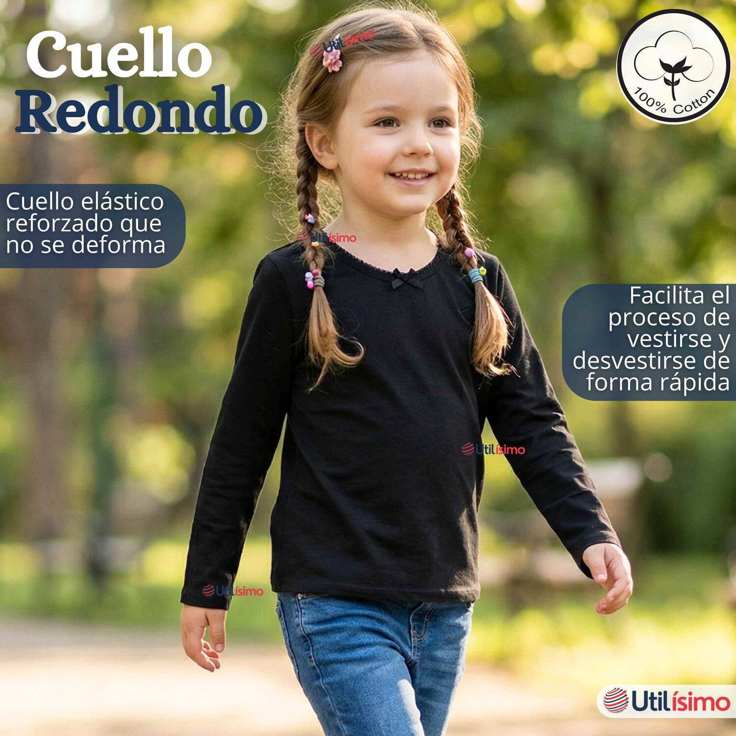 Pack 3 Camisetas Poleras Algod&oacute;n Cuello Redondo Negra Primera Capa Manga Larga Ni&ntilde;a image number 7.0