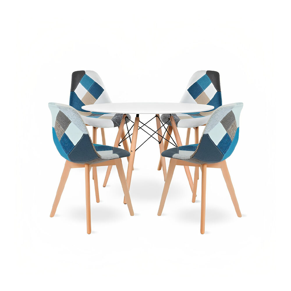 Comedor Mesa Redonda Blanca 80cm + 4 Sillas Patchwork Wood C image number 0.0