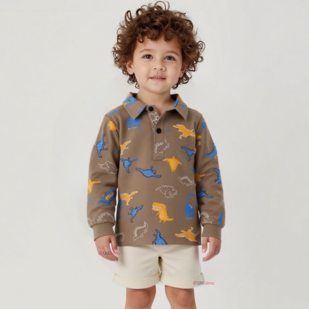 Polera Piqu&eacute; Manga Larga Ni&ntilde;o Con Estampado De Dinosaurios Marr&oacute;n image number 0.0